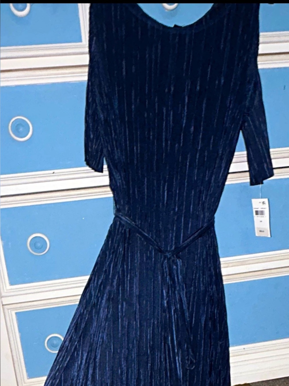 Connected Apparel Navy Pleated Cold Shoulder Midi Dress 14P NWT